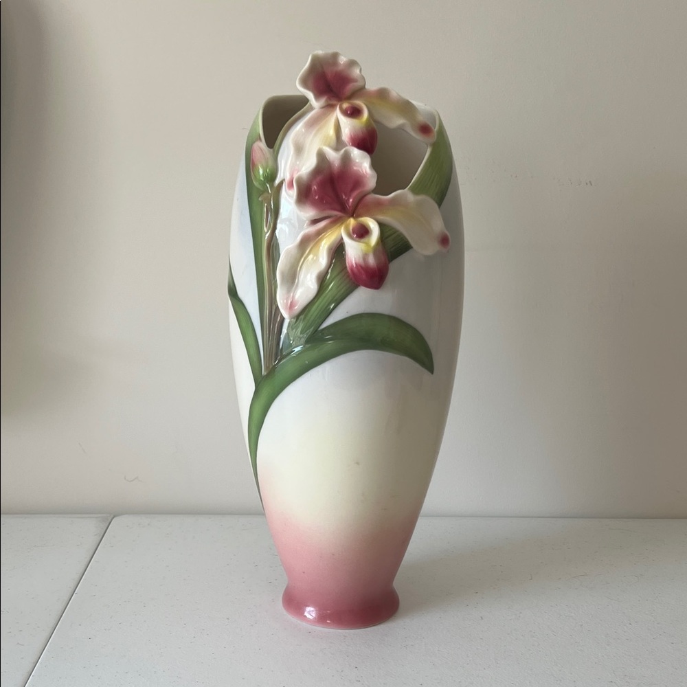 Floral Ceramic Vase with Pink and Green Accents